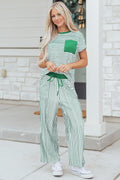 Green Stripe Crew Neck Tee Drawstring Waist Cropped Pants Set