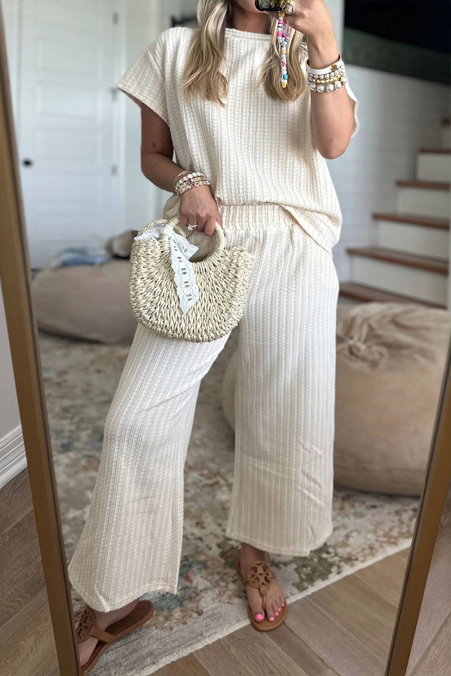 Beige Texture Loose Short Sleeve Top and Cropped Pant Set
