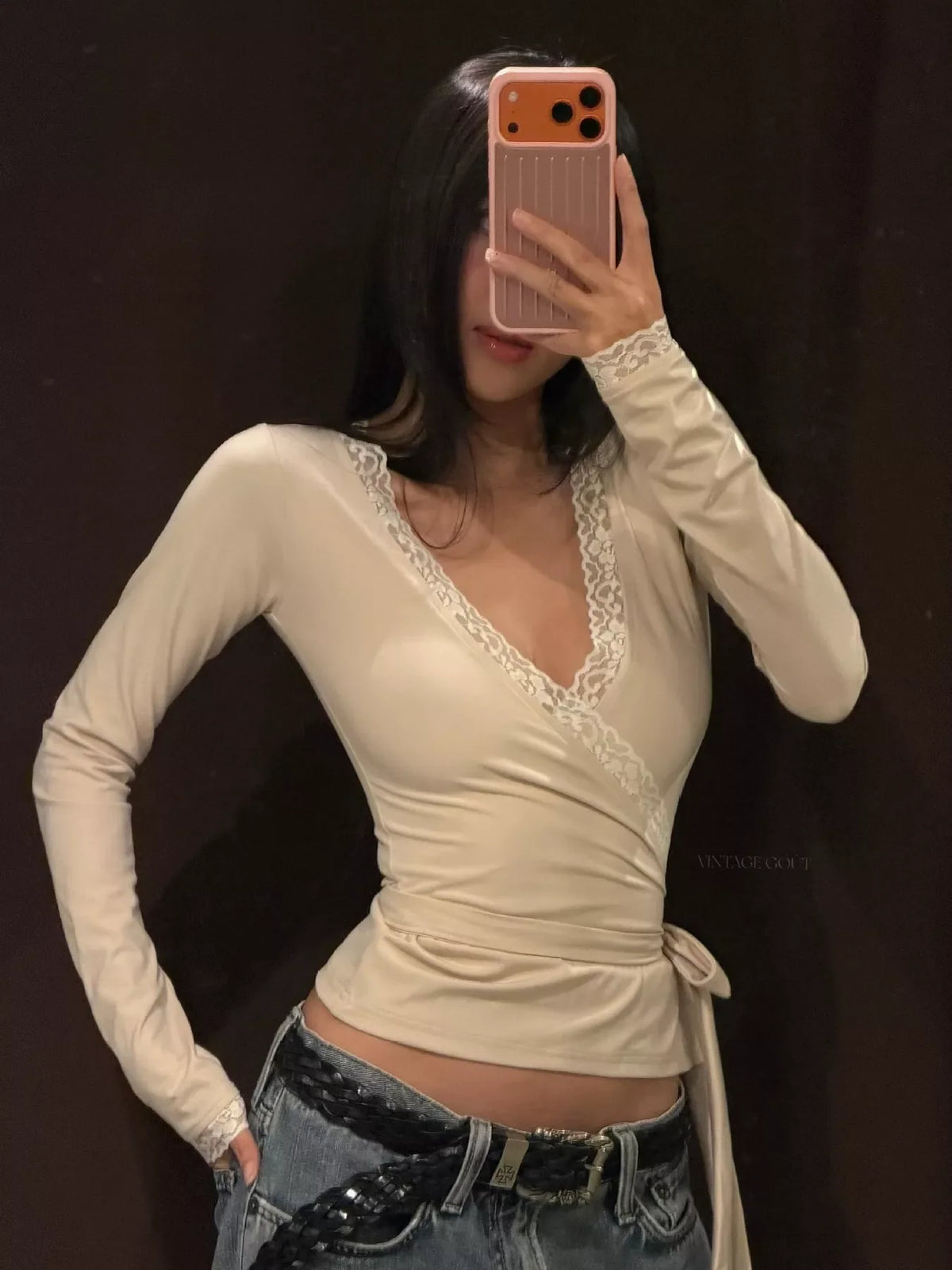 Lace-Trimmed Long Sleeves Wrap Blouse
