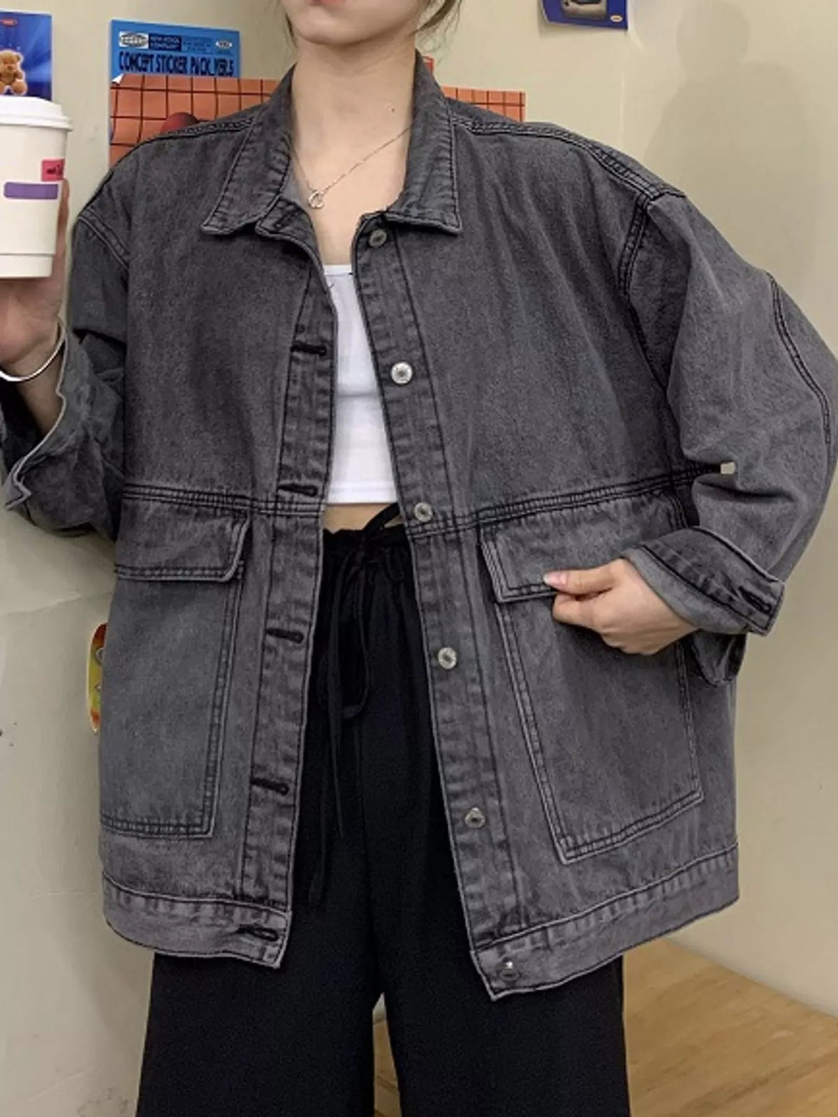 Oversized Wash Denim Jacket with Utility Pockets