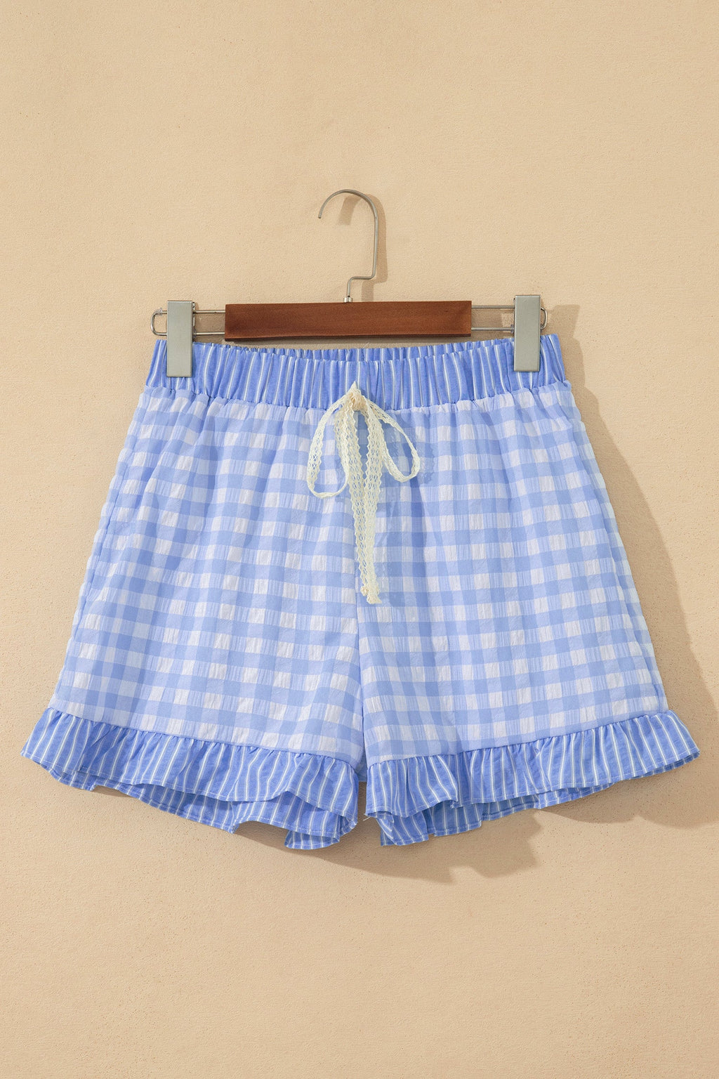 Sky Blue Gingham Print Ruffle Striped Detail Lace Tie Shorts