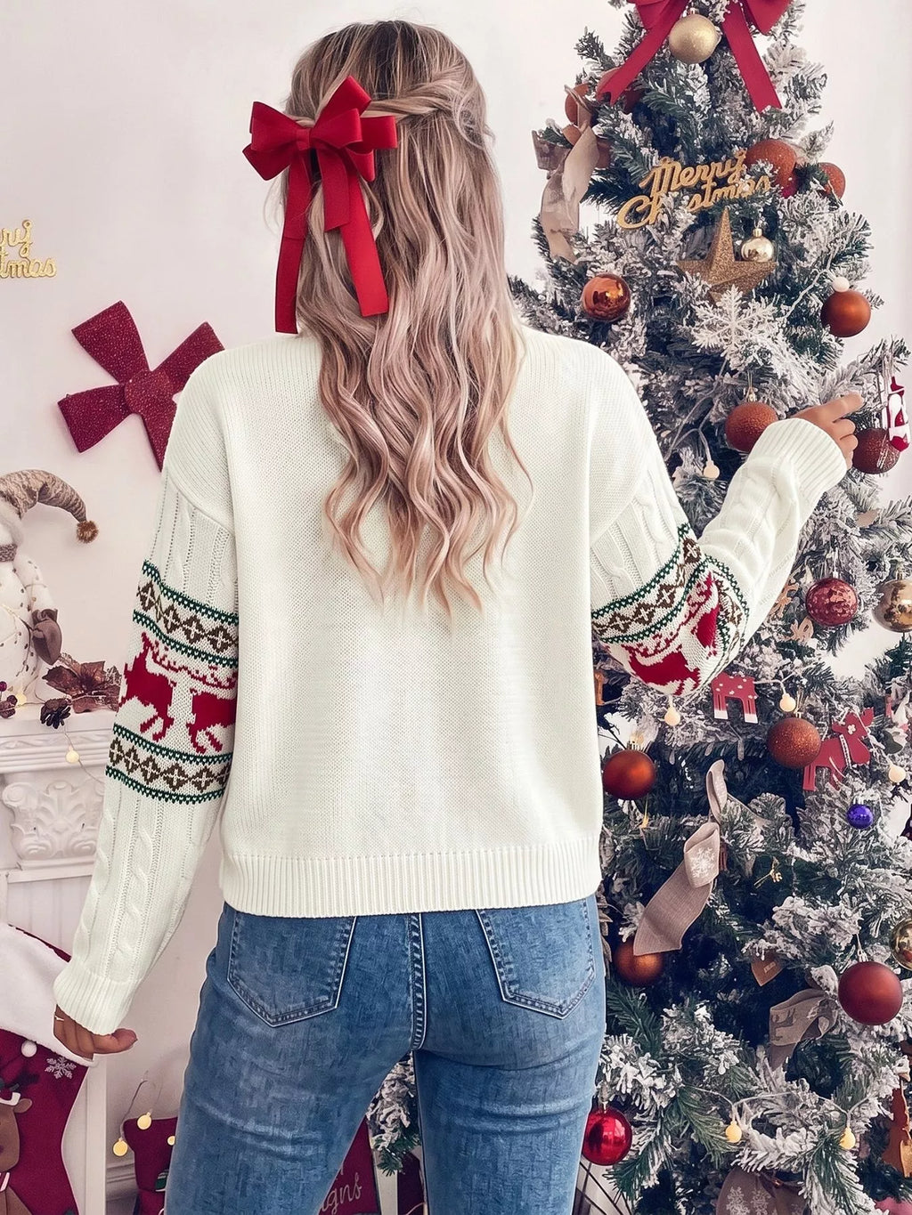 Christmas Reindeer Pattern Cable Knit Sweater