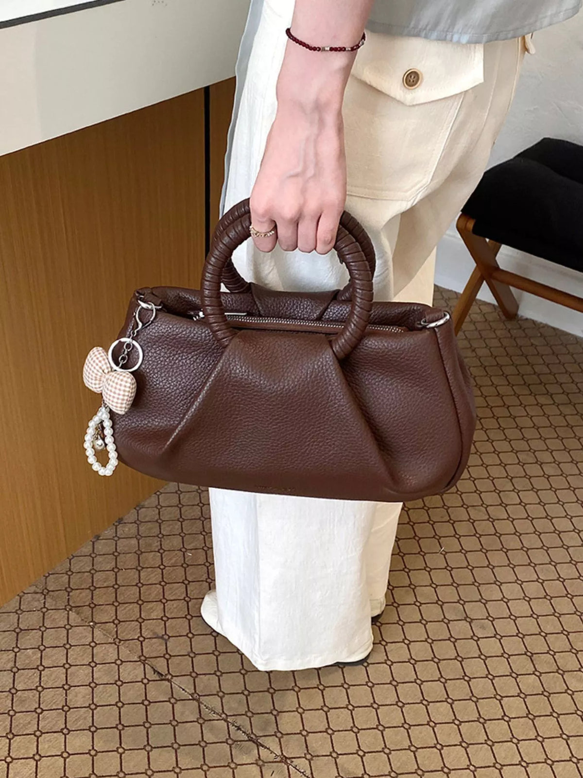 Top Handle Crossbody Bag with Pearl Bow Charm