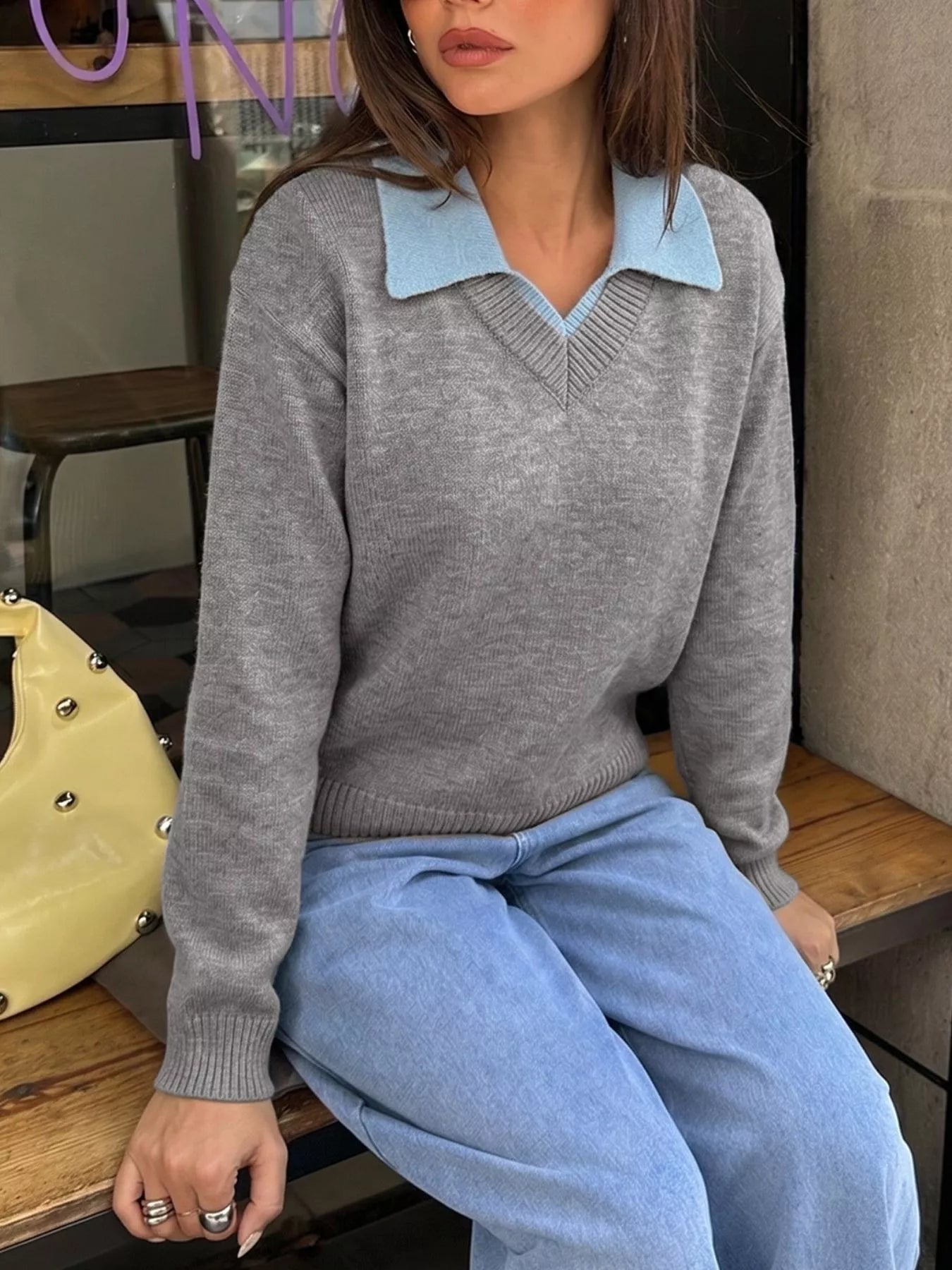Contrast Collar Dropped Shoulder Sweater