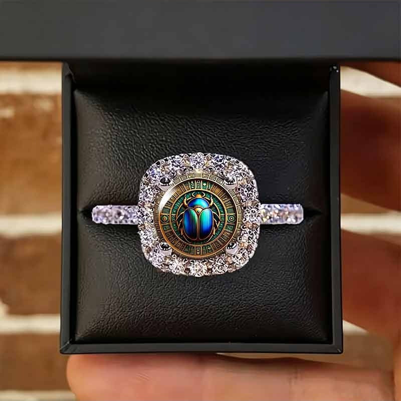 Vintage Ancient Egyptian Scarab Beetle Ring - Mystical Halo Inlaid Crystal Unisex Statement Jewelry