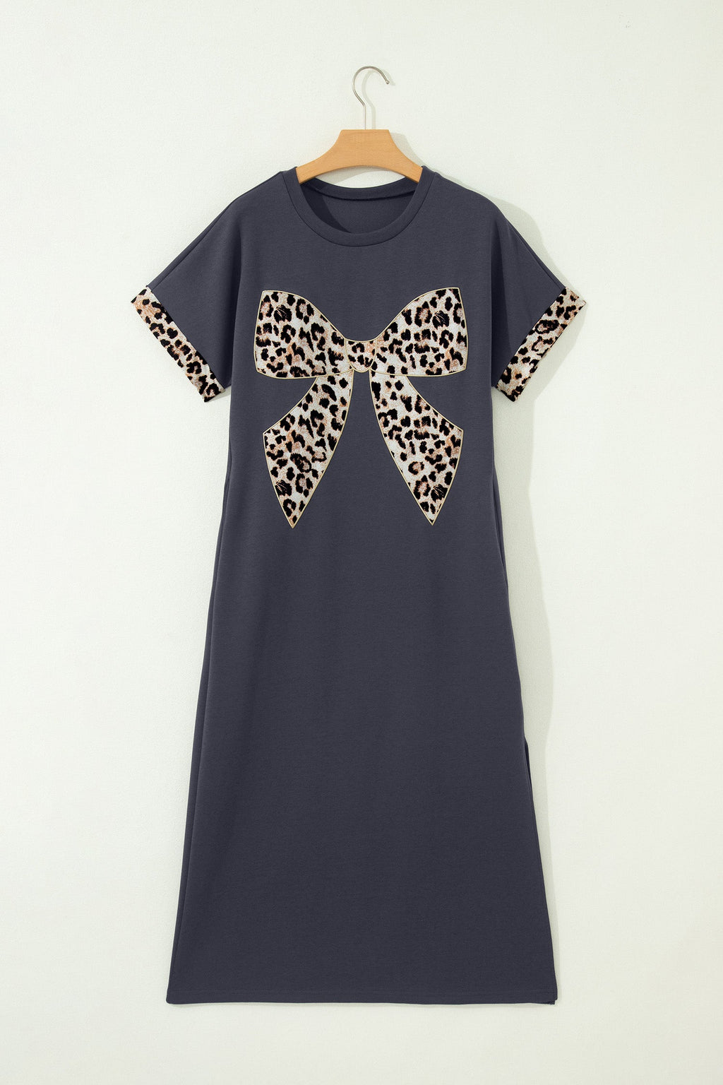 Dark Grey Contrast Leopard Bow Patched Short Sleeve T Shirt Long Dress