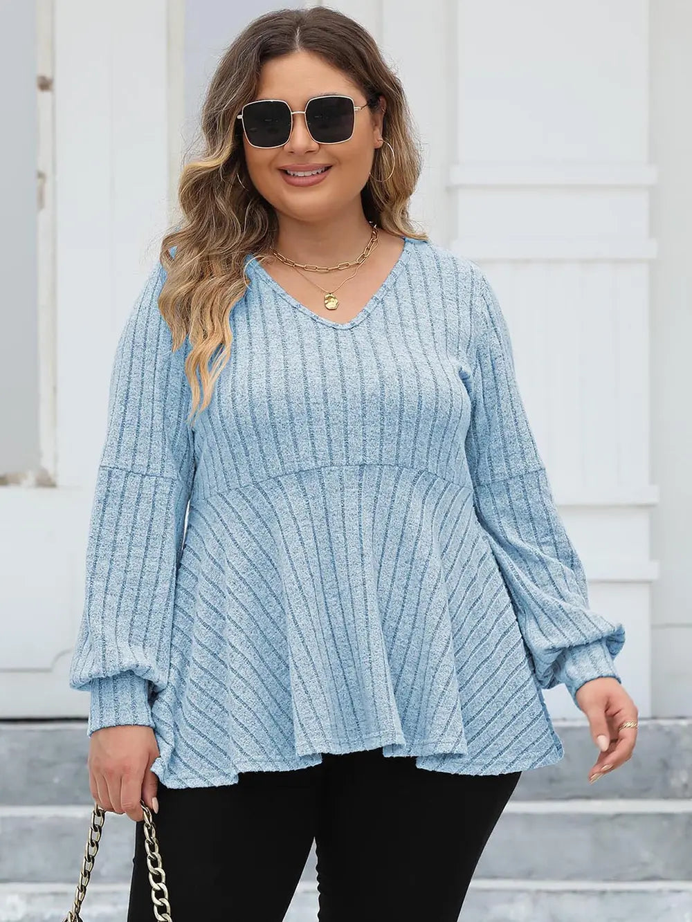Ribbed V-Neck Long Sleeve Peplum Blouse