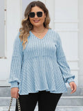 Ribbed V-Neck Long Sleeve Peplum Blouse