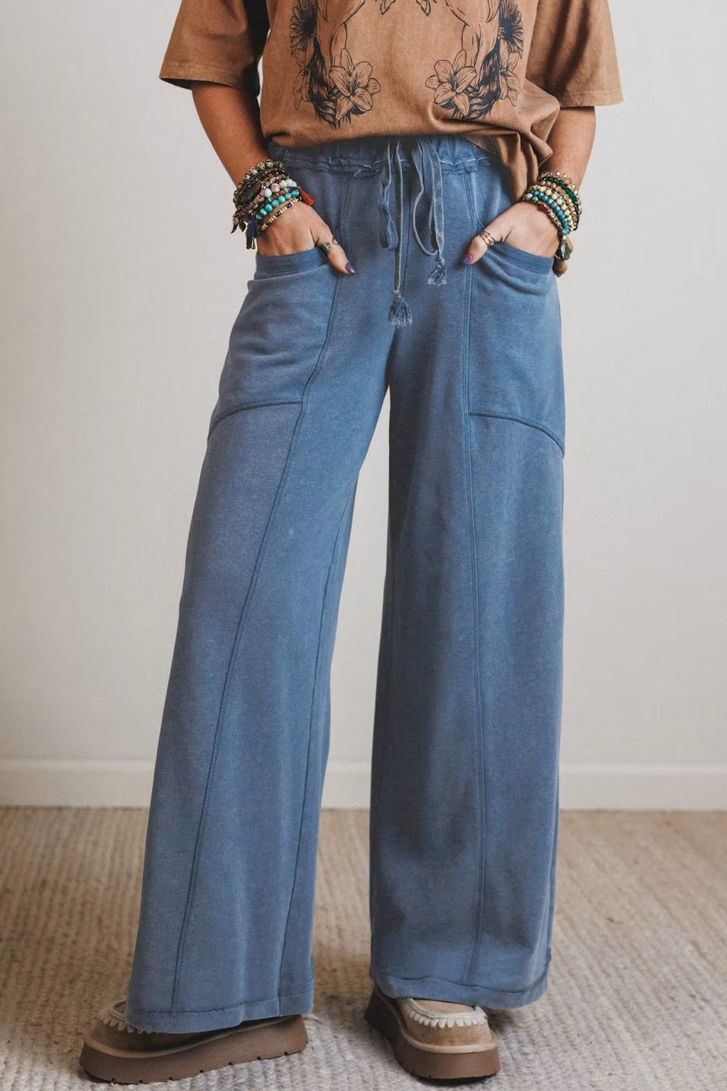 Ashleigh Blue Mineral Wash Drawstring Retro High Waist Wide Leg Western Pants