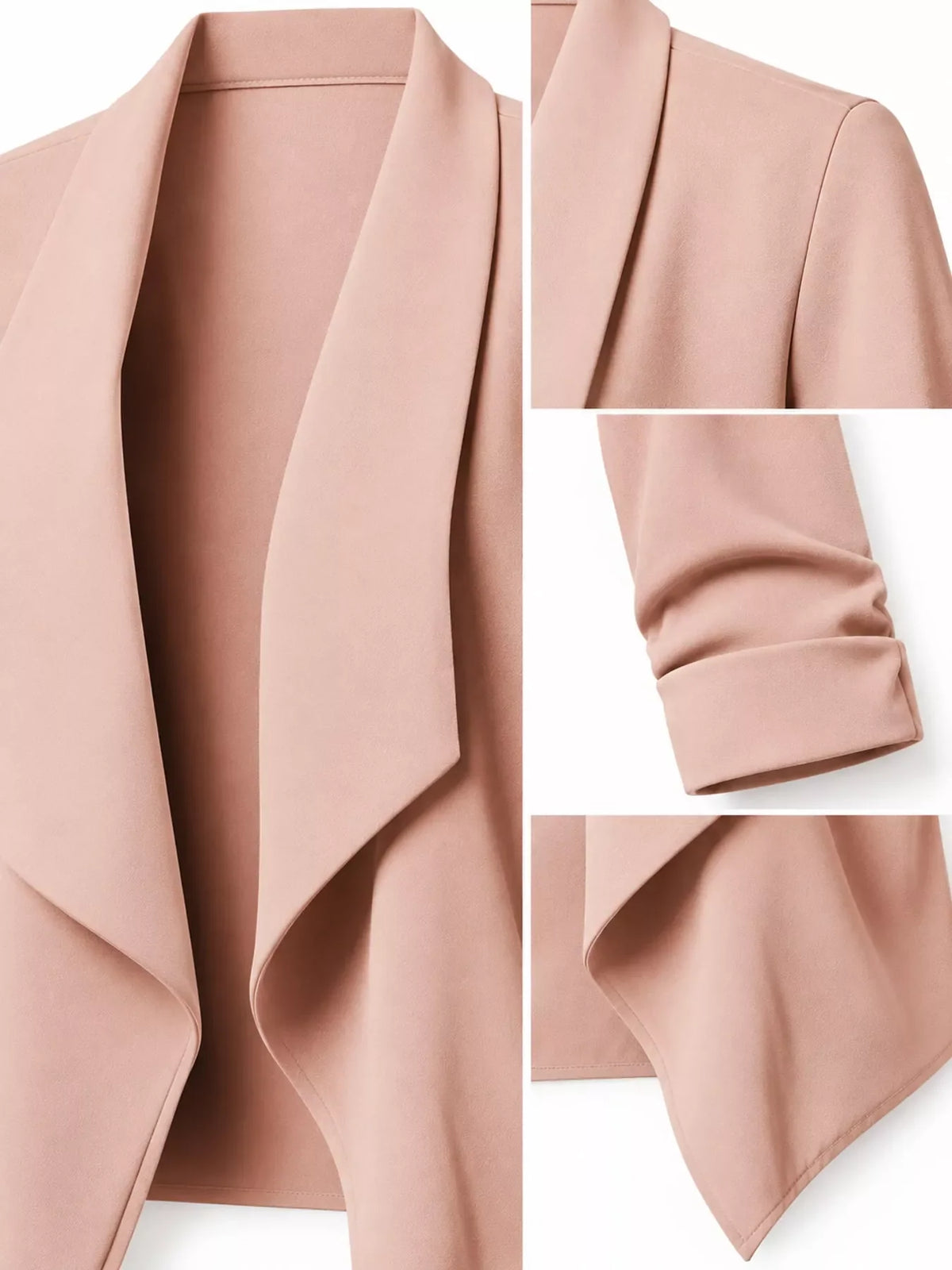 Full Size Open Front Drape Blazer with 3/4 Ruched Sleeves Plus Size