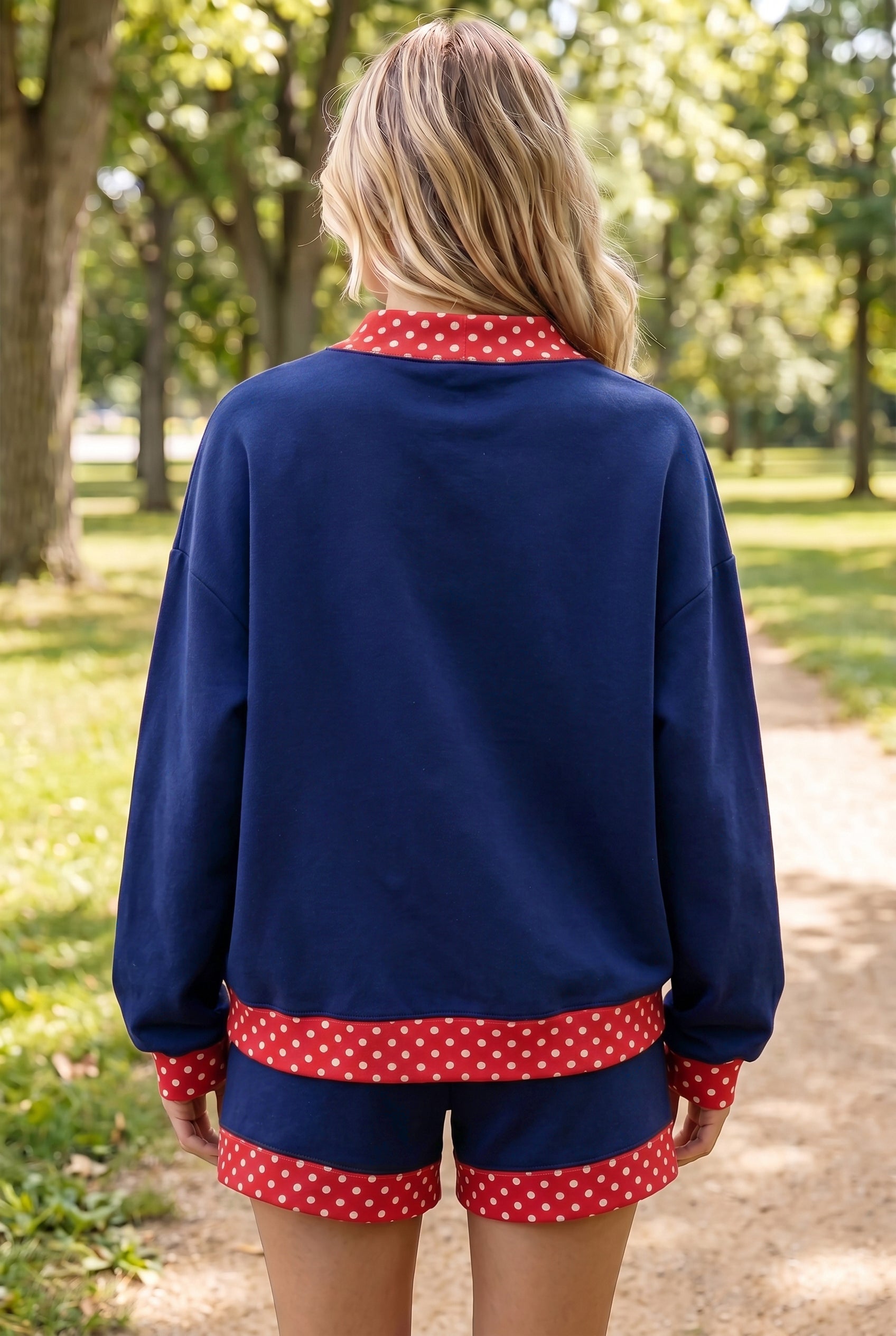 Racing Red Polka Dot Trim Baggy Pullover 2pcs Short Set