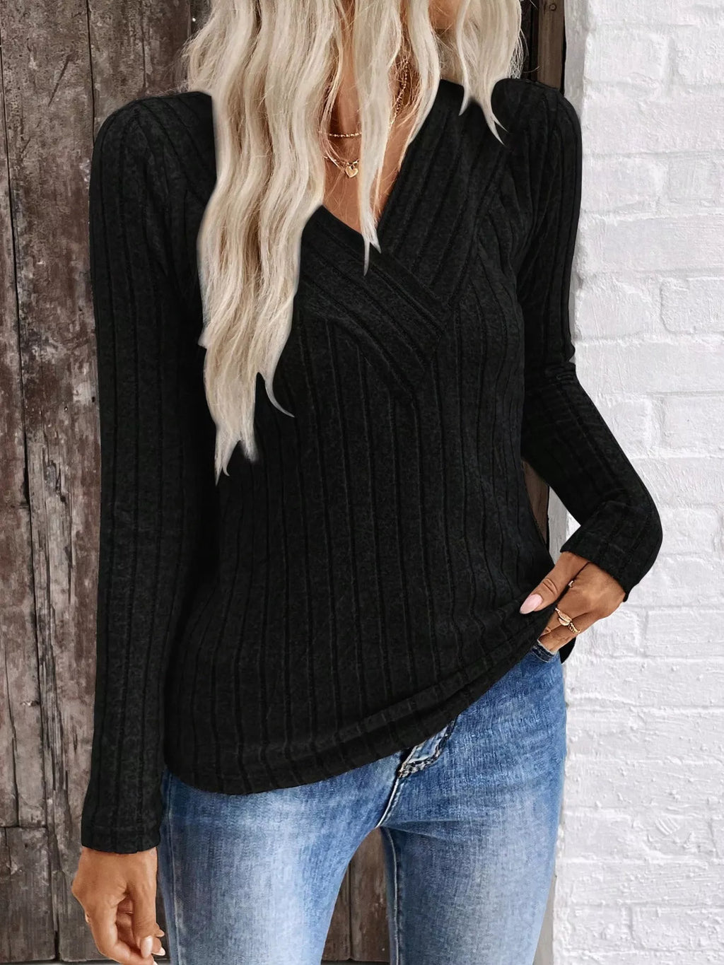 Ribbed V-Neck Long Sleeve T-Shirt