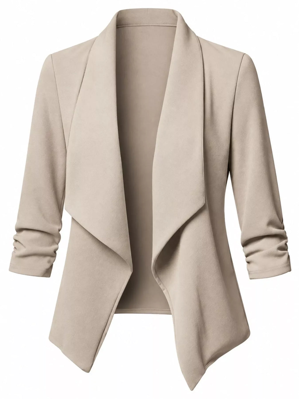 Full Size Open Front Drape Blazer with 3/4 Ruched Sleeves Plus Size