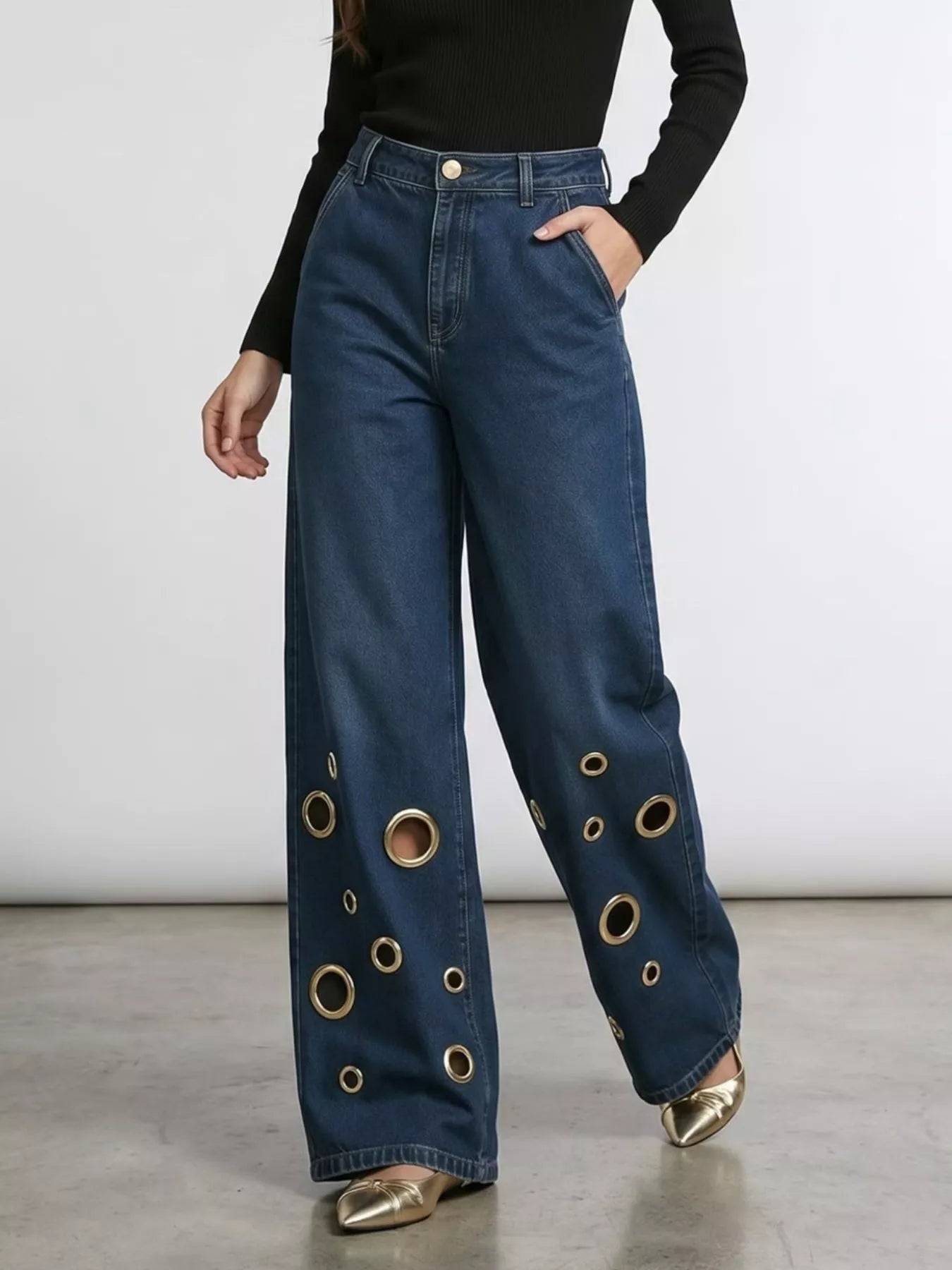 Wide Leg Jeans with Eyelet Details