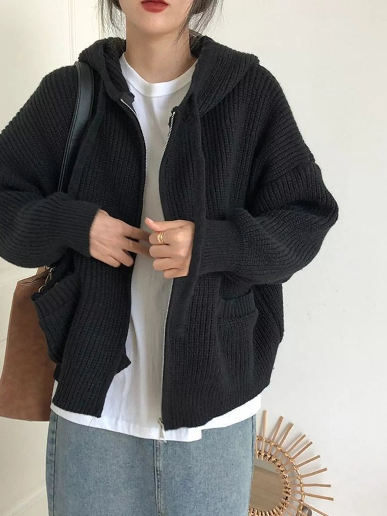 Casual Knitted Zip-Up Hooded Cardigan