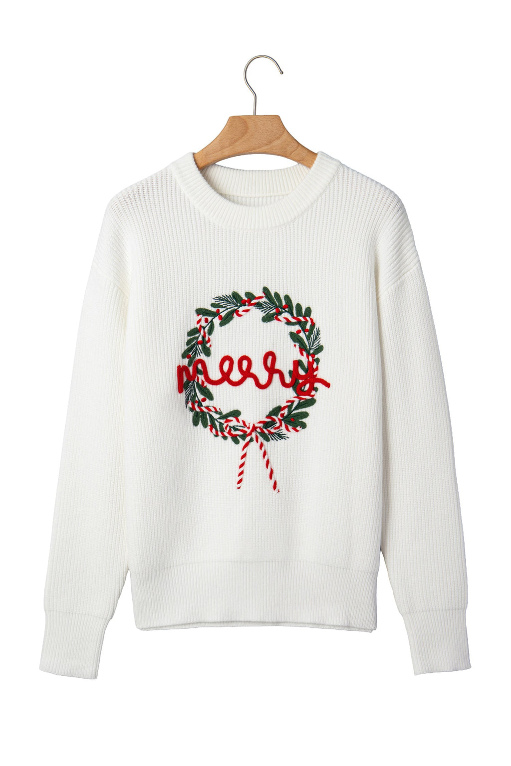 White Christmas Wreath Pattern Round Neck Casual Sweater