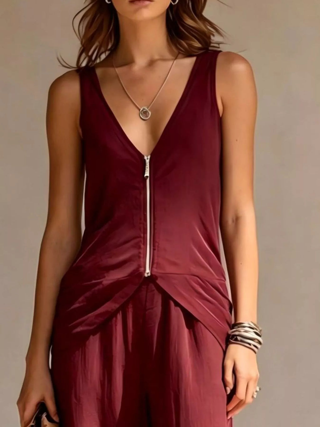 Full Size Zipper Front Tank and Wide-Leg Pants Set Plus Size