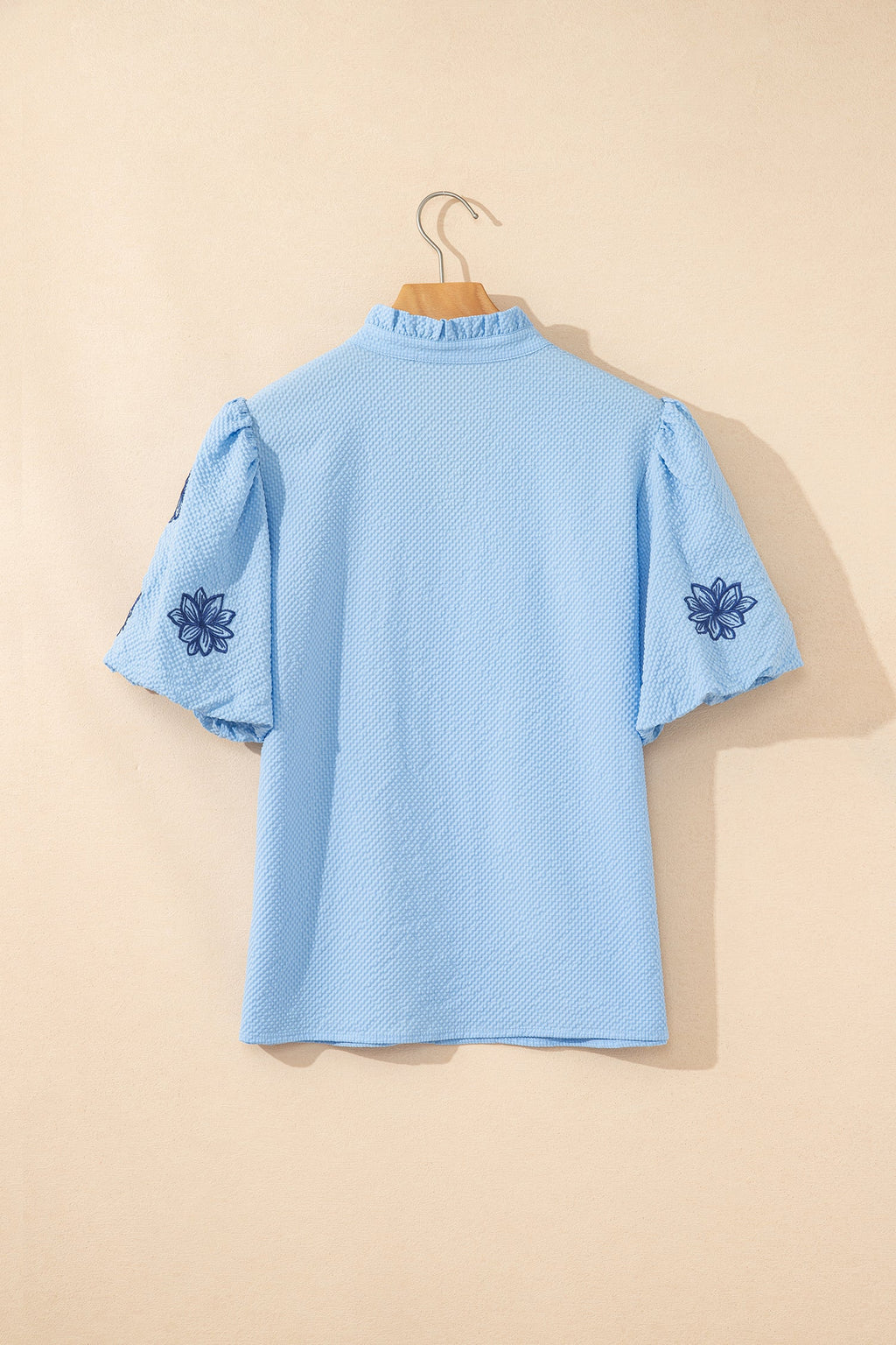 Flower Embroidered Puff Sleeve Split Neck Blouse