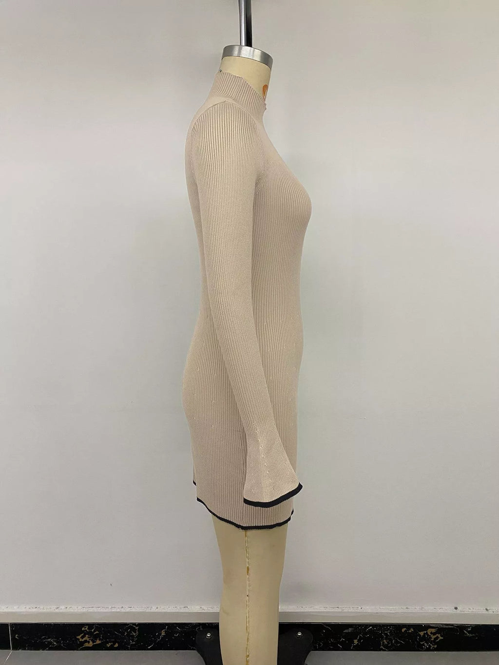 Ribbed Mock Neck Flare Sleeve Sweater Dress