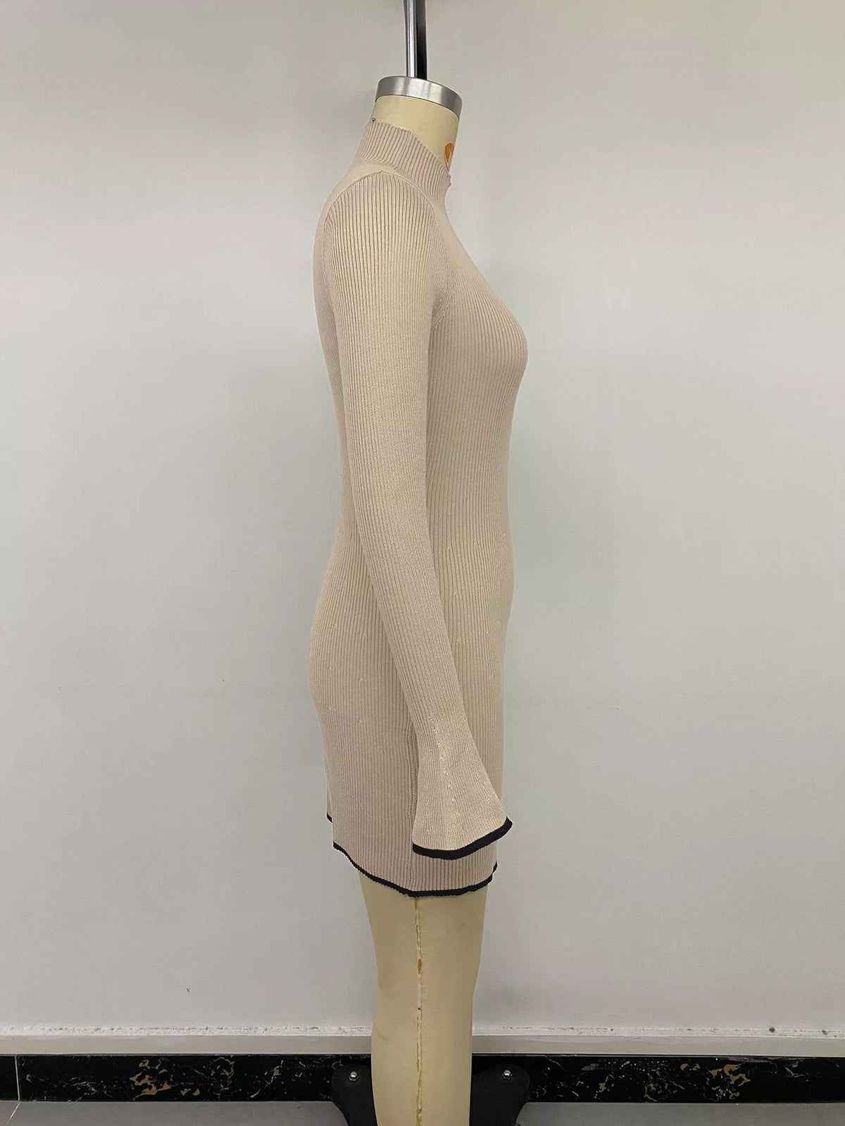 Ribbed Mock Neck Flare Sleeve Sweater Dress