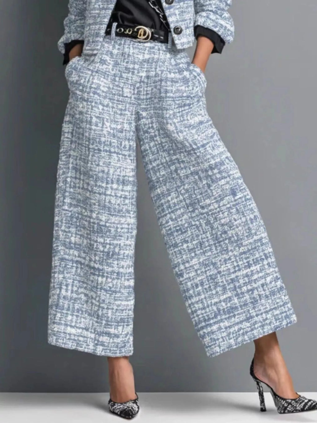 Tweed Cropped Jacket and Wide-Leg Pants Set