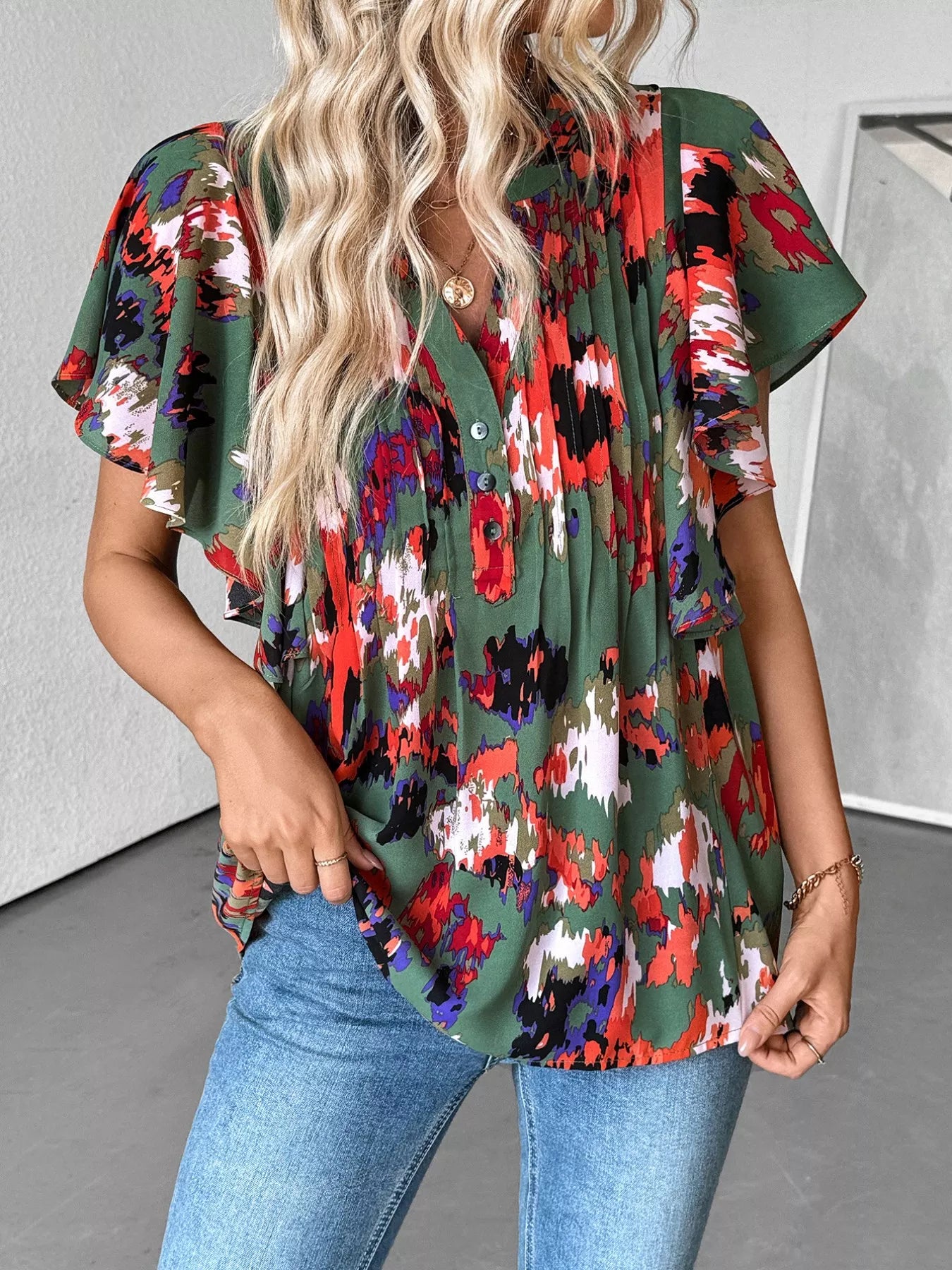 Abstract Print Flutter Sleeve Blouse