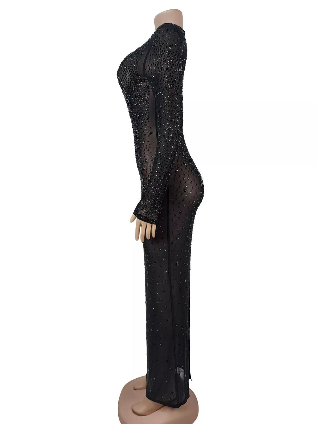 Sheer Mesh Rhinestone Embellished Long Sleeve Evening Dress
