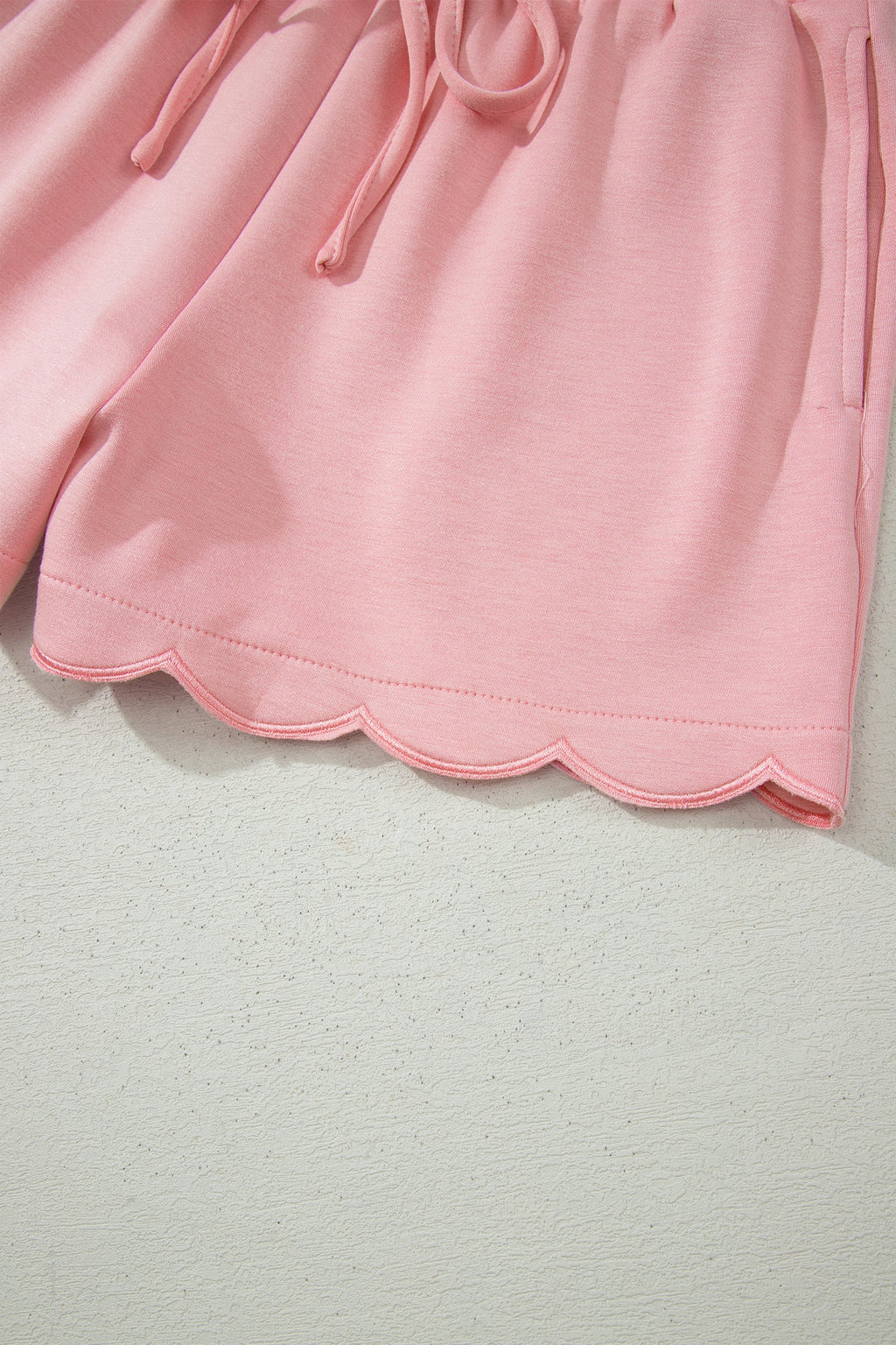 Gossamer Pink Scalloped V Neck Dolman Oversize Top Drawstring Short Set