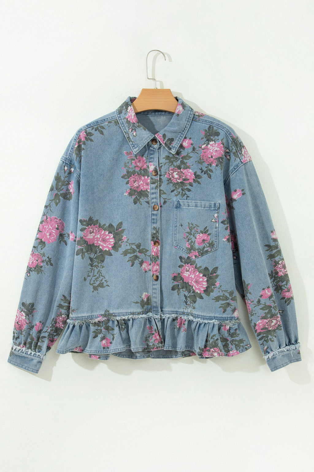 Sky Blue Floral Print Raw Seam Ruffle Hem Denim Jacket