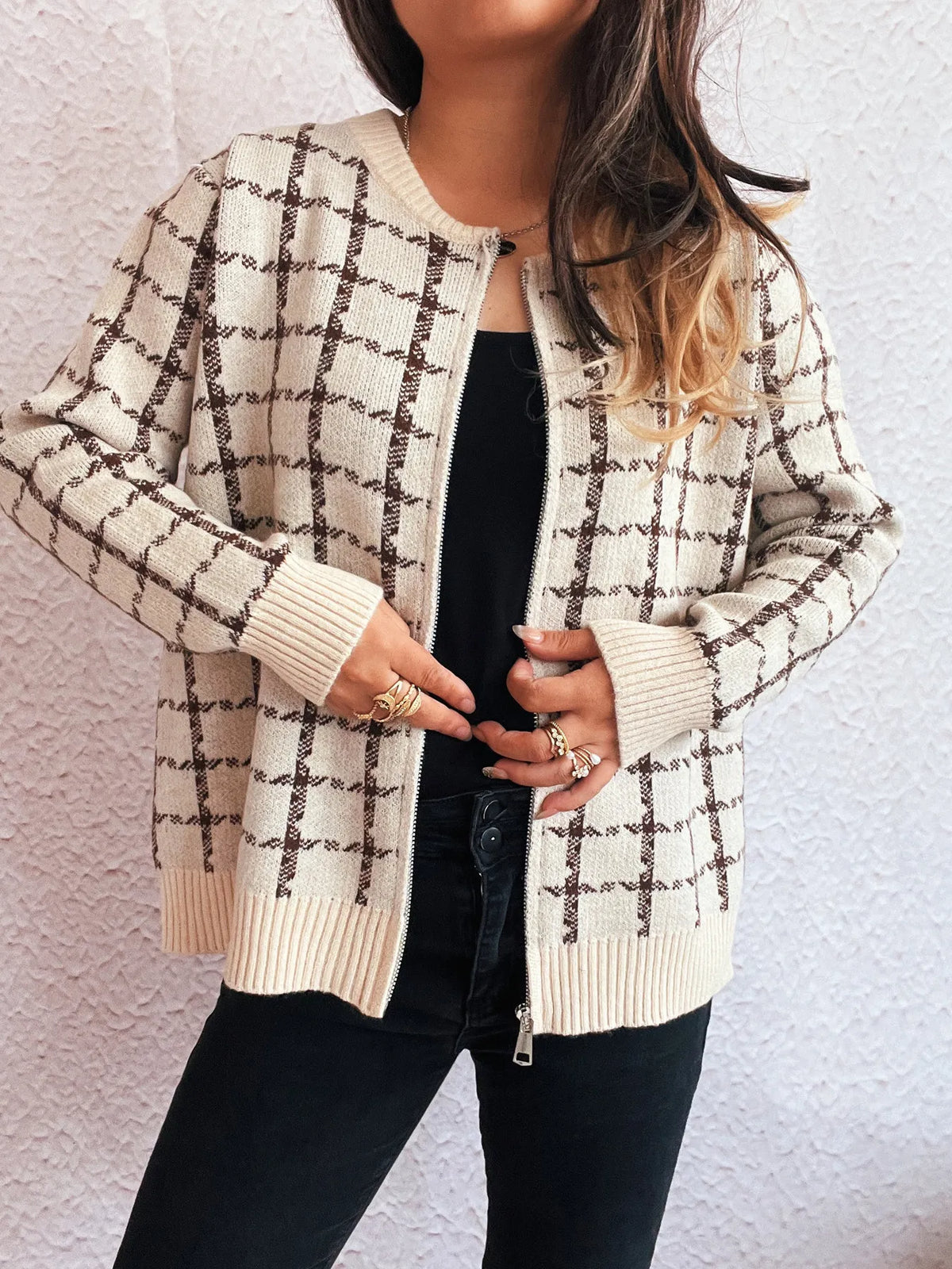 Plaid Zip-Up Cardigan with Gentle Stretch