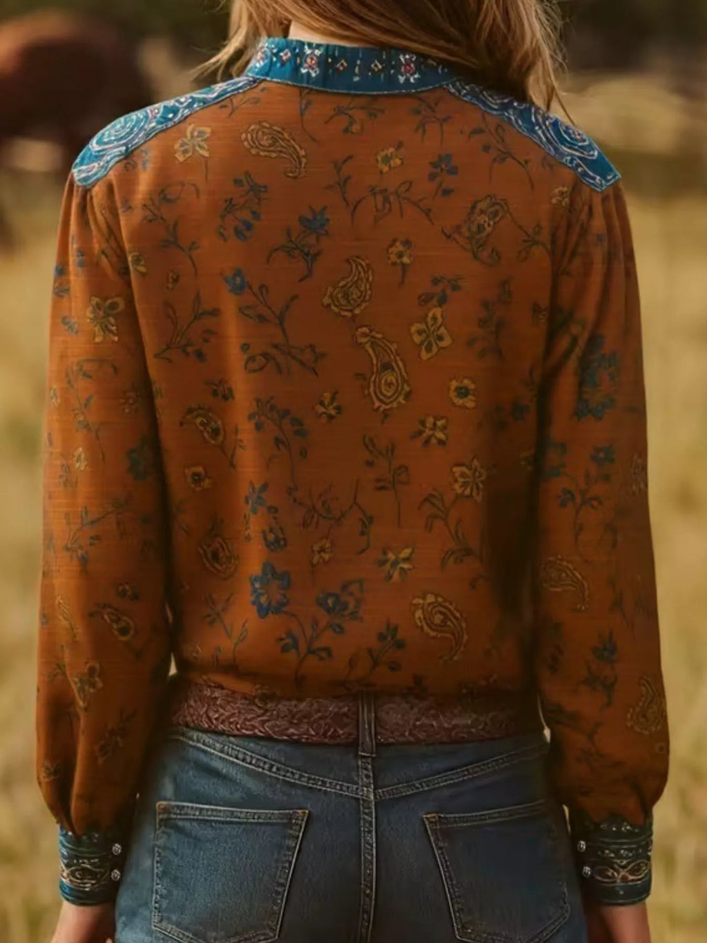 Printed Notched Long Sleeve Blouse