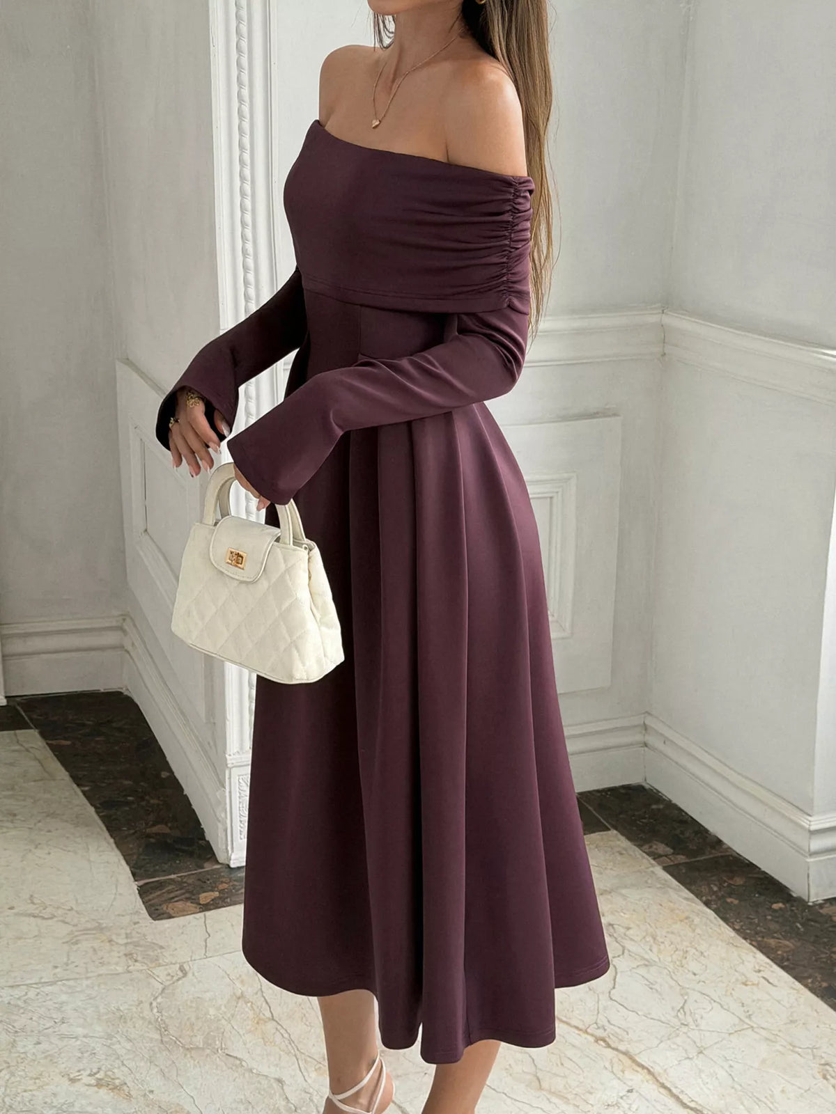 Off-Shoulder Long Sleeve Midi Dress