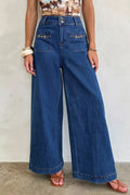 Hardware Decor Patched Pockets Wide Leg Jeans