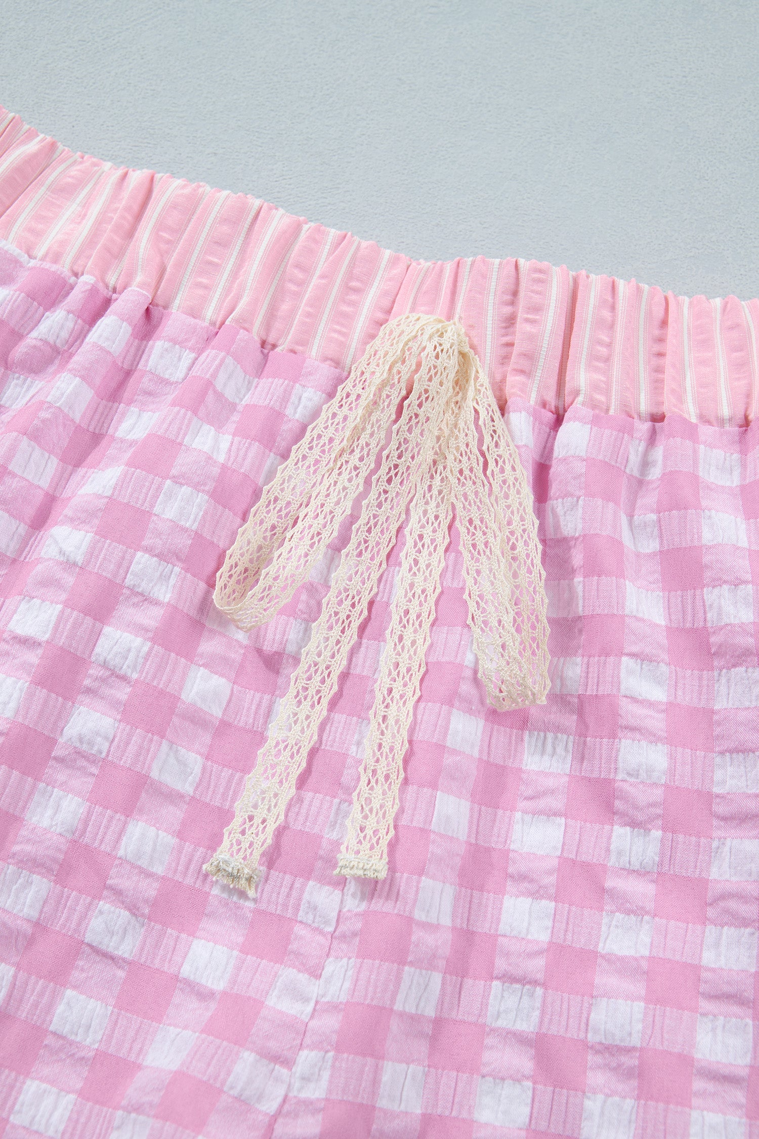 Pink Gingham Print Ruffle Striped Detail Lace Tie Shorts