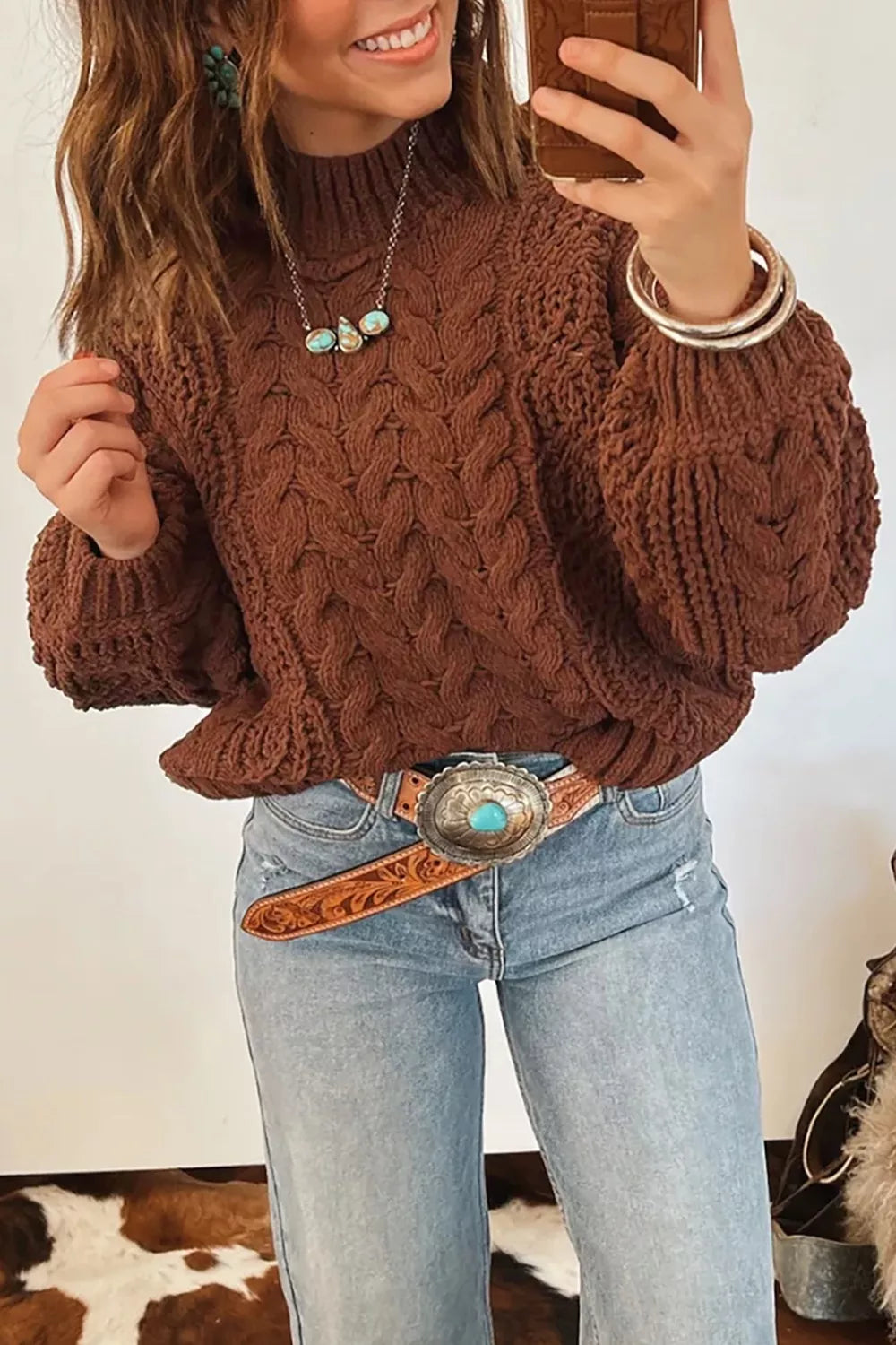 Mock Neck Cable Knit Sweater