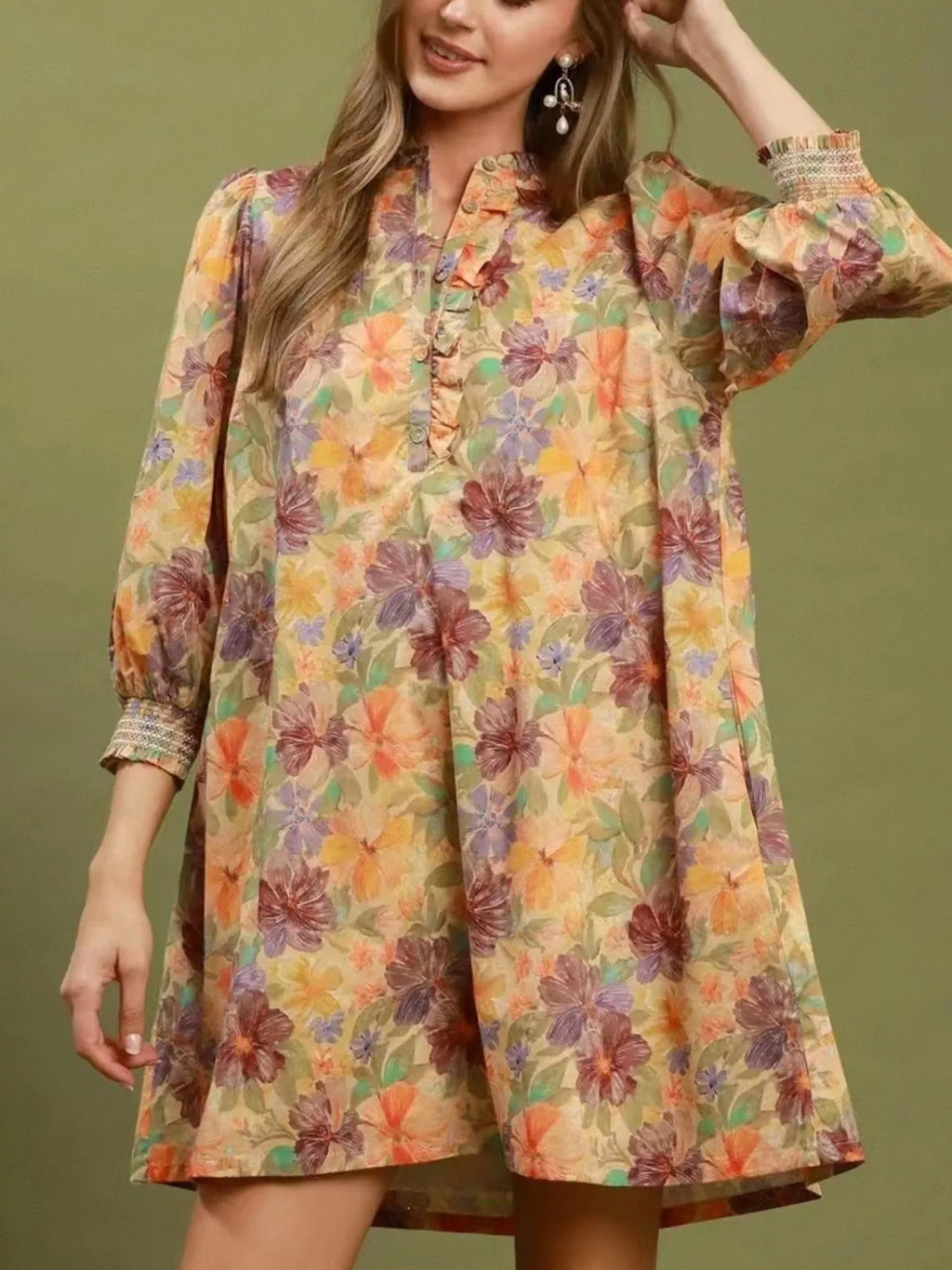 Vintage Floral Print 3/4 Sleeve Dress