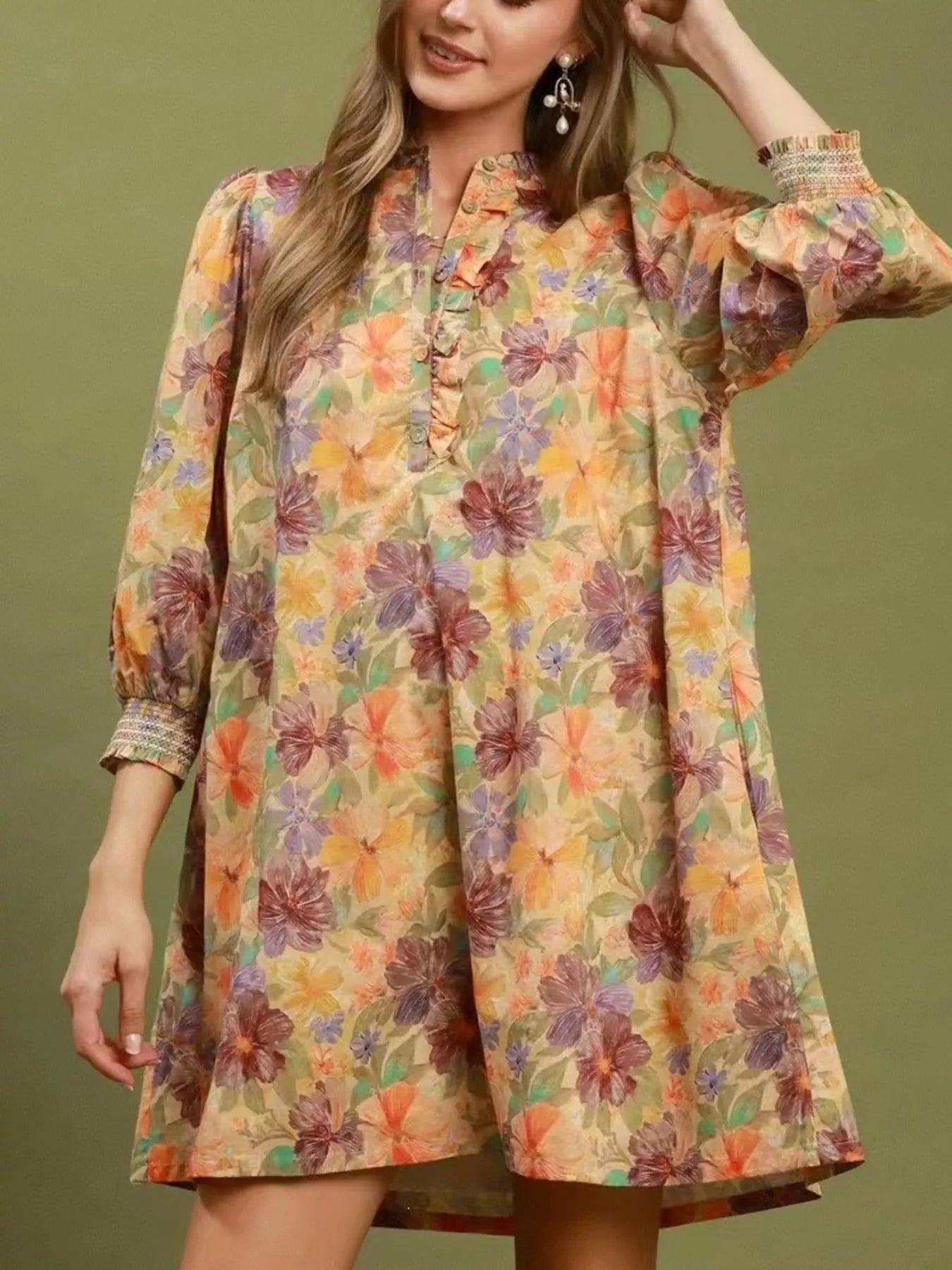 Vintage Floral Print 3/4 Sleeve Dress