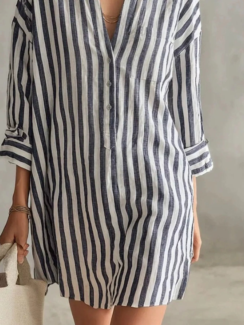 Full Size Striped Linen Shirt Mini Dress Plus Size