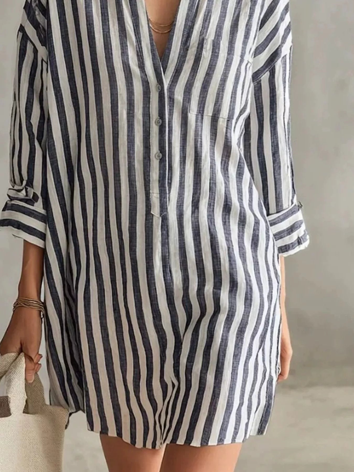 Full Size Striped Linen Shirt Mini Dress Plus Size