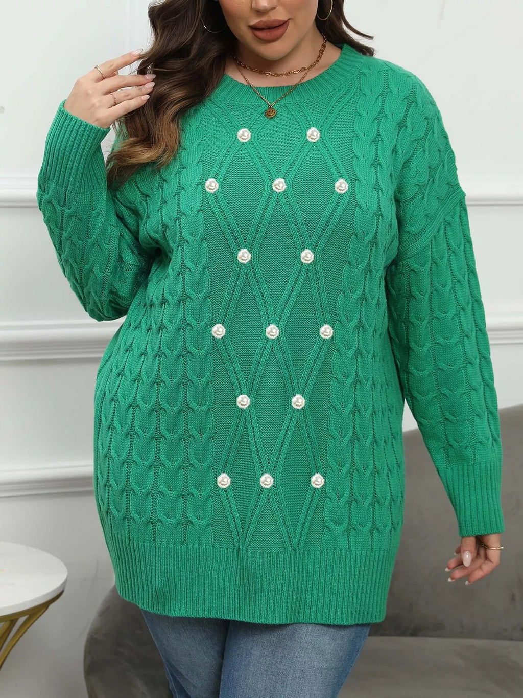 Plus Size Cable Knit Dropped Shoulder Sweater