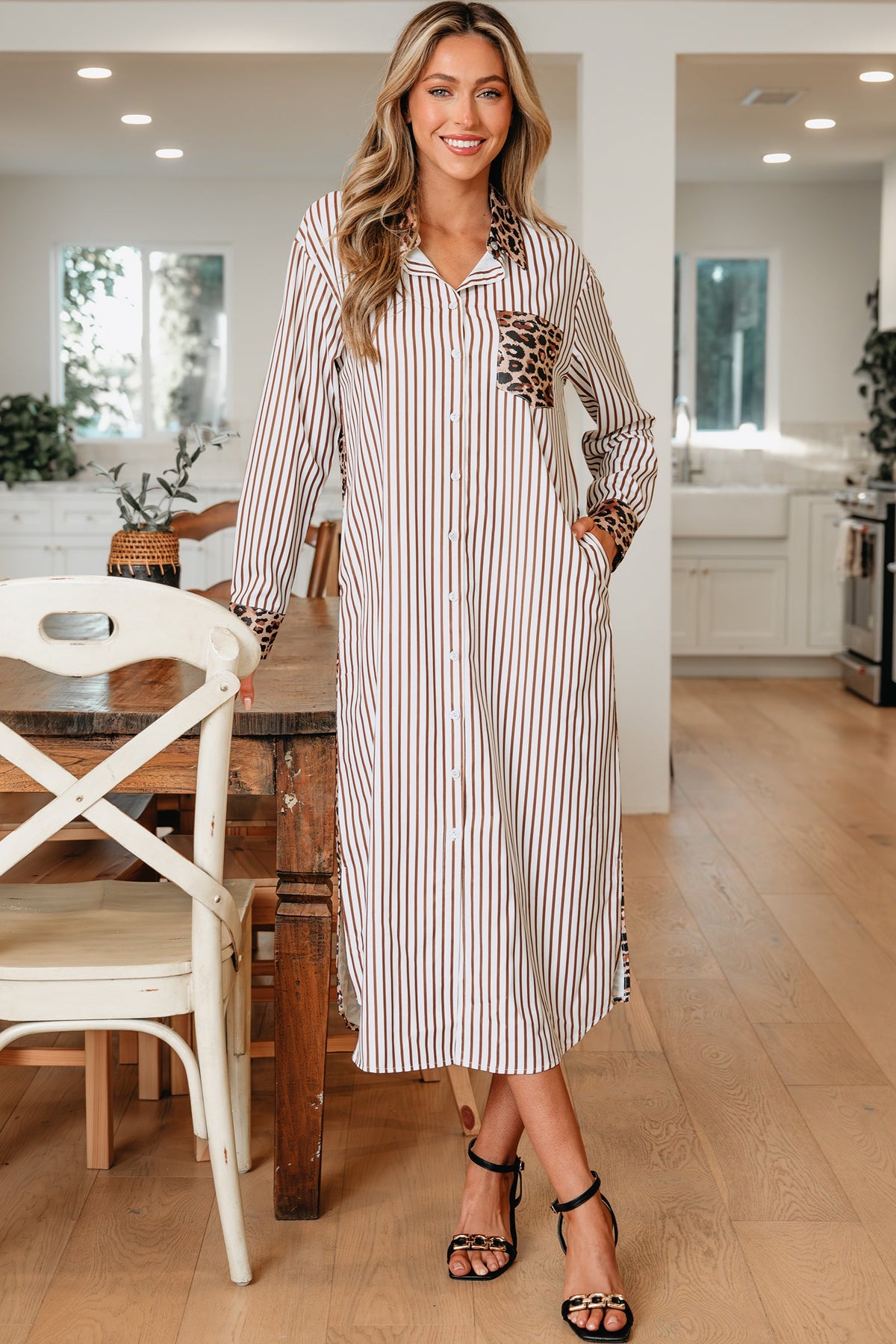Leopard Patchwork Stripe Shirt Dress with Slits