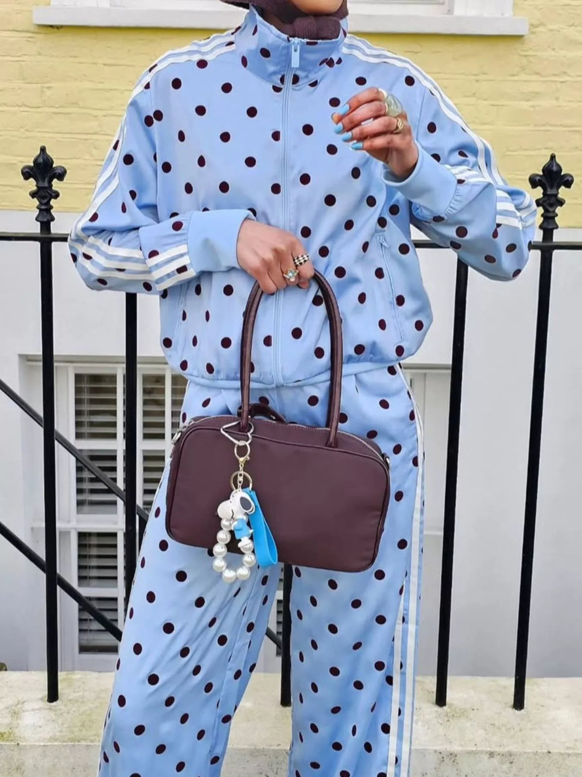 Polka Dot Side Striped Outerwear and Pants Set