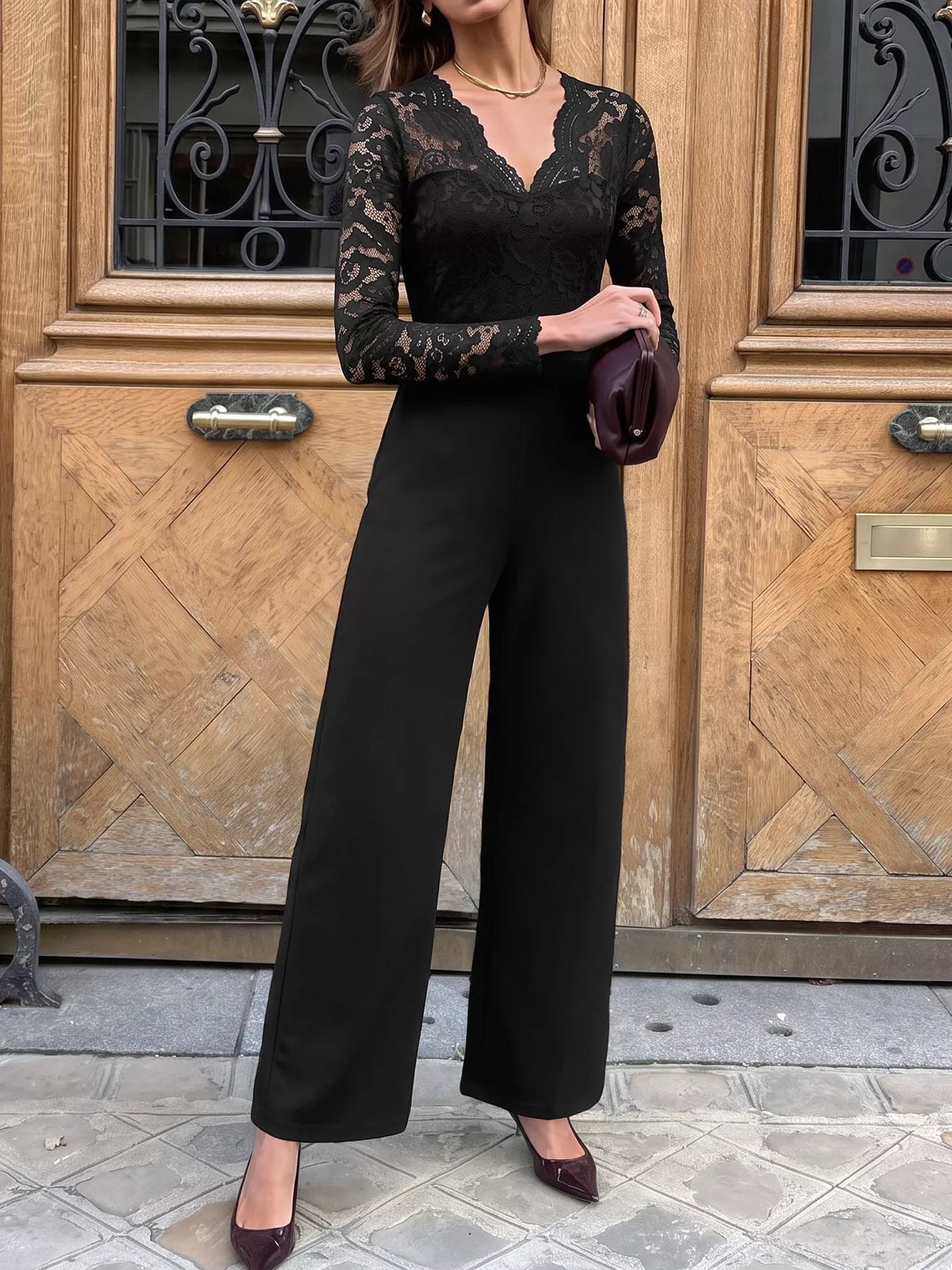 Lace Long Sleeve Wide-Leg Jumpsuit