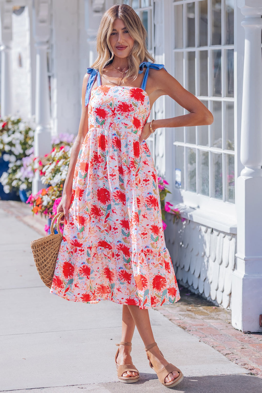 Red Floral Print Contrast Stitched Knot Denim Straps High Waist Dress
