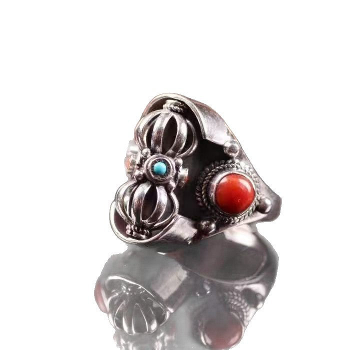 New Xizang-Style Vajra Heavy-Duty Ring With Imitation Turquoise And Red Bead Inlay, Vintage Ethnic Style Unisex Ring Accessory
