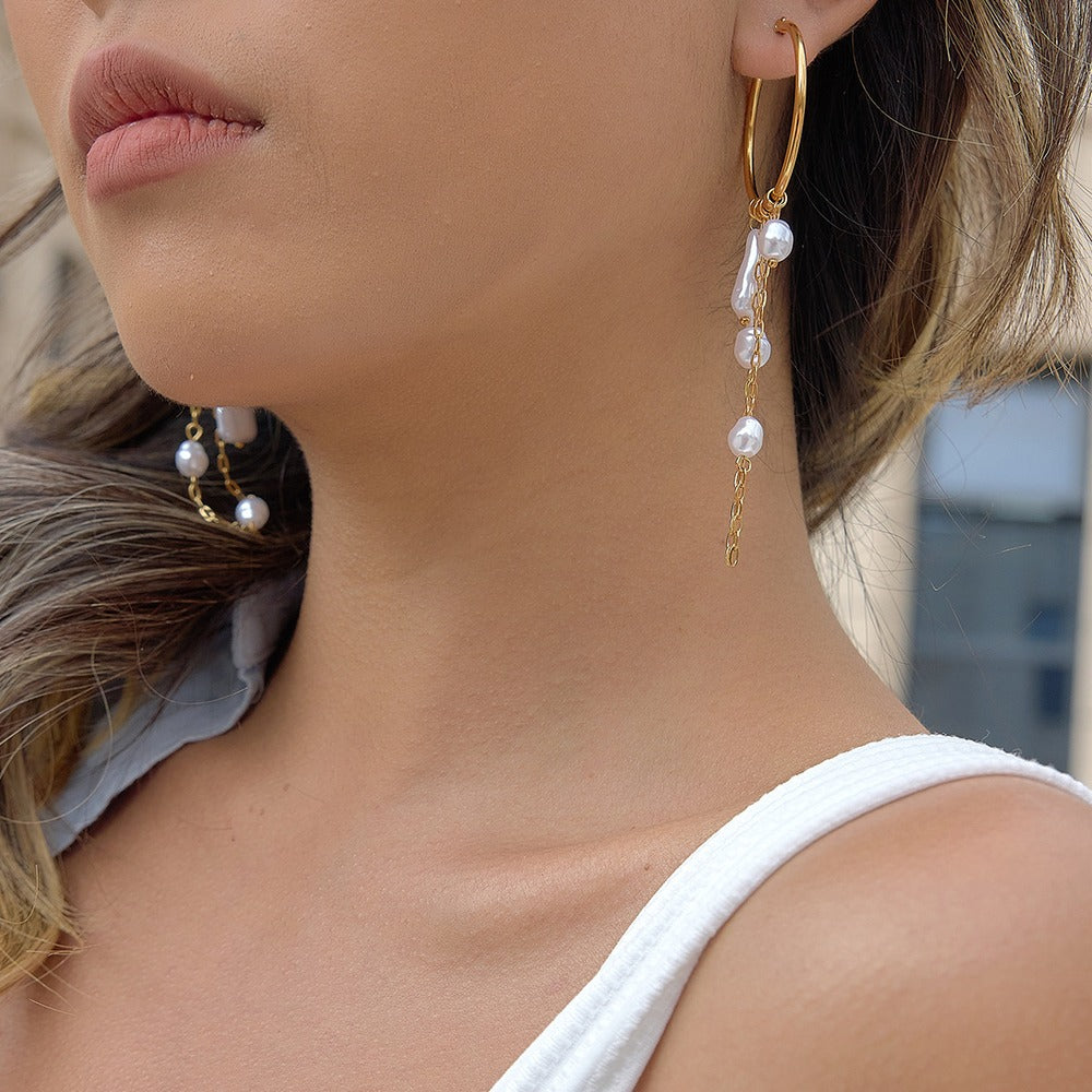 Pearl Tassel Hoop Earrings