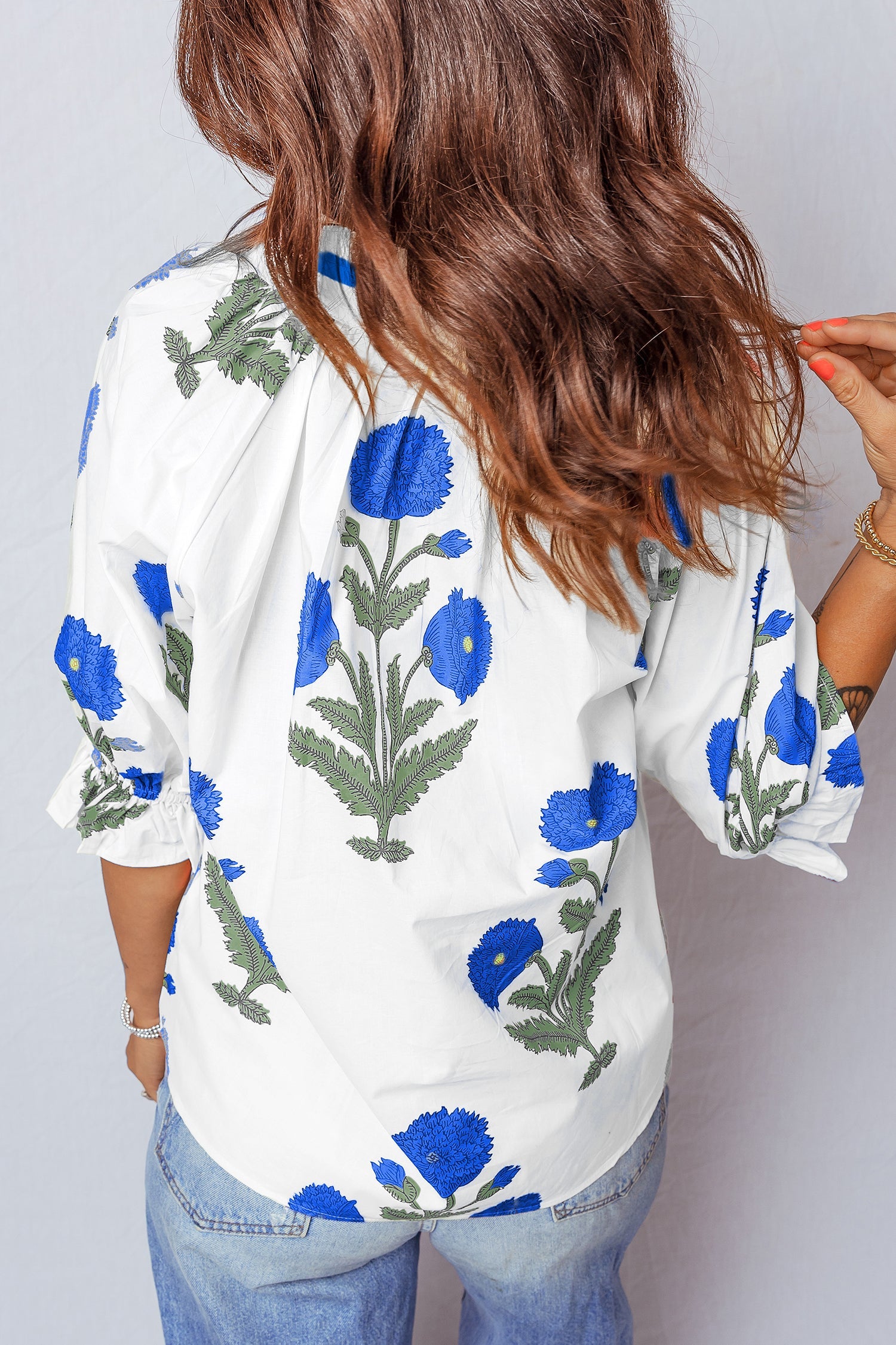 Sky Blue Casual Wild Flower Print V Neck 3/4 Sleeve Blouse