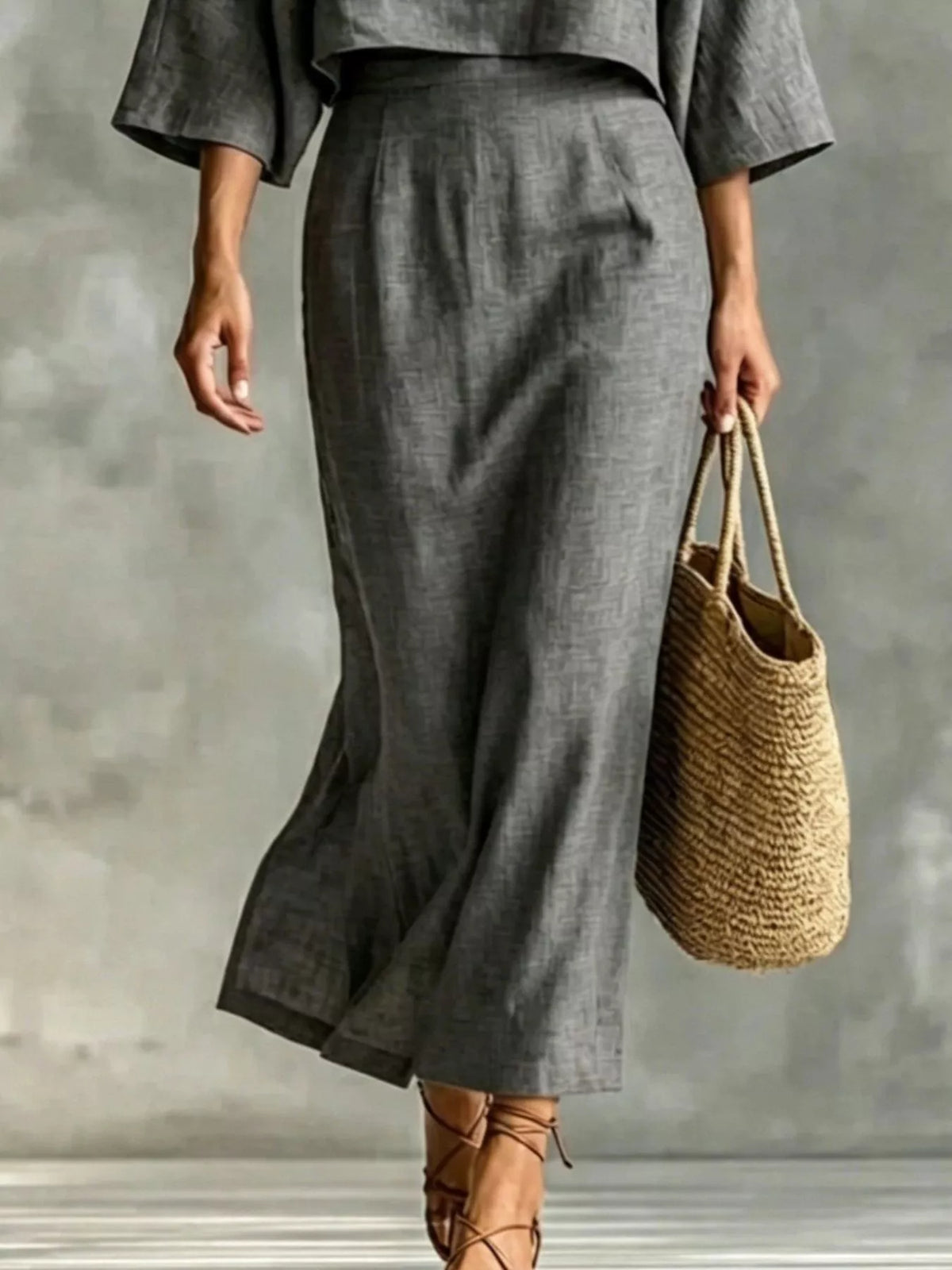 Full Size Solid Color Cropped Top and Midi Skirt Set Plus Size