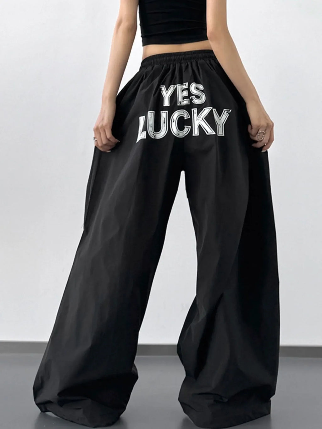 Letter Back Wide Leg Drawstring Pants