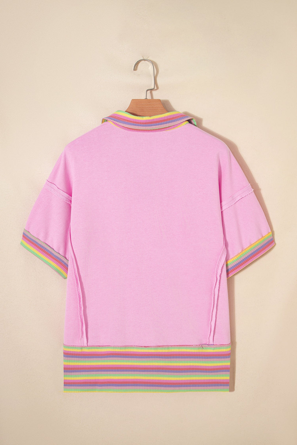 Pink Rainbow Stripe Ribbed Patchwork Raw Seam Oversize Polo Tee
